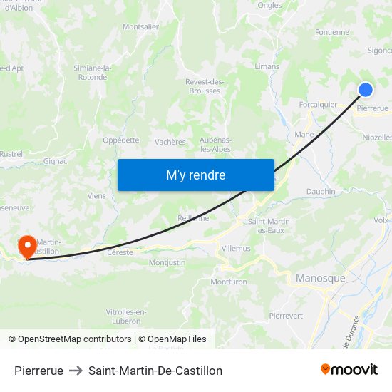 Pierrerue to Saint-Martin-De-Castillon map