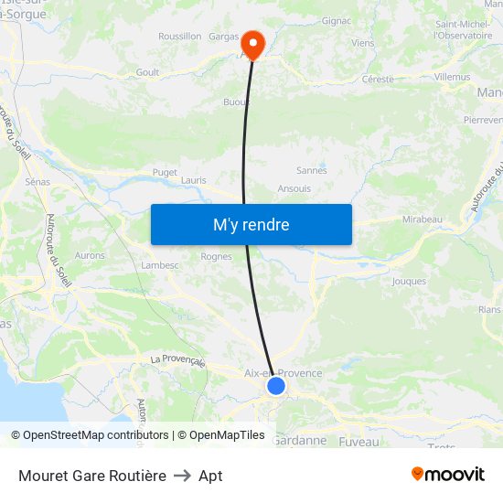 Mouret Gare Routière to Apt map