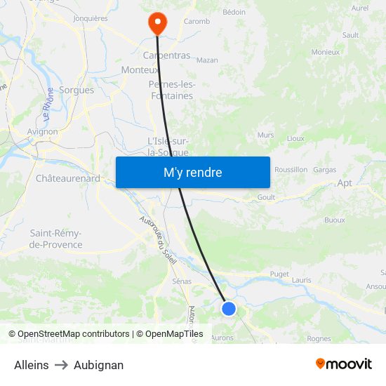 Alleins to Aubignan map