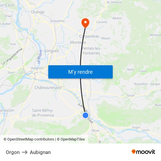Orgon to Aubignan map