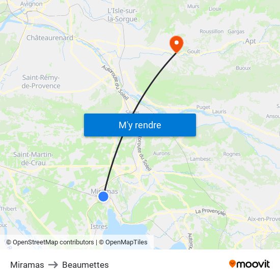 Miramas to Beaumettes map