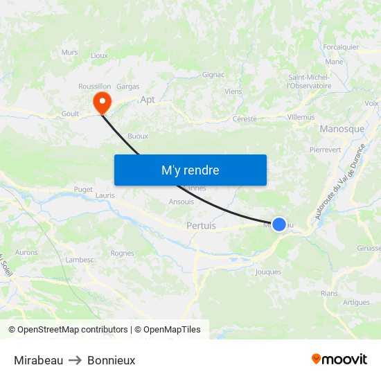 Mirabeau to Bonnieux map