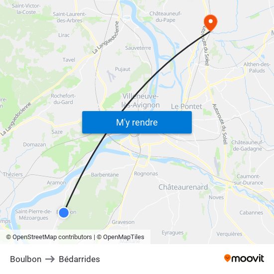 Boulbon to Bédarrides map