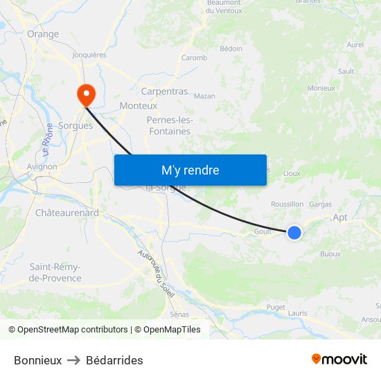 Bonnieux to Bédarrides map