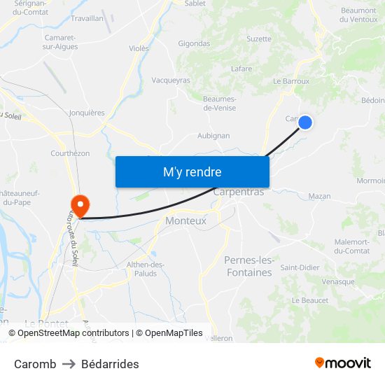 Caromb to Bédarrides map