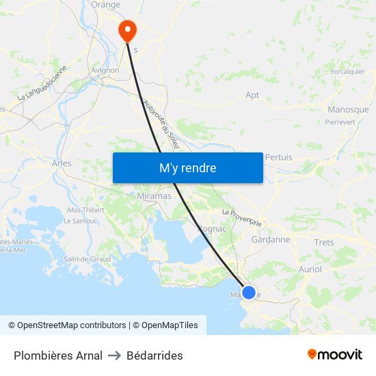 Plombières Arnal to Bédarrides map