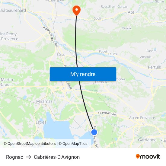 Rognac to Cabrières-D'Avignon map