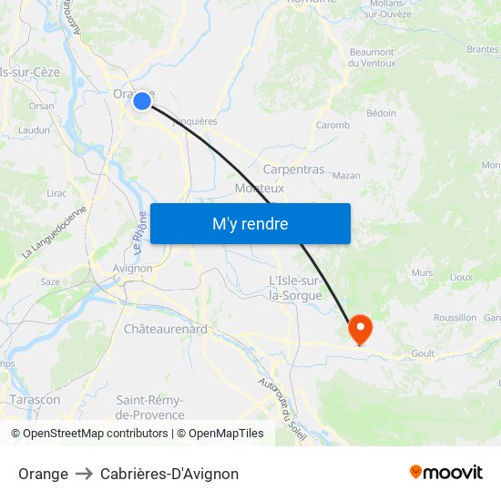 Orange to Cabrières-D'Avignon map