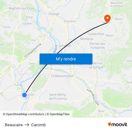 Beaucaire to Caromb map