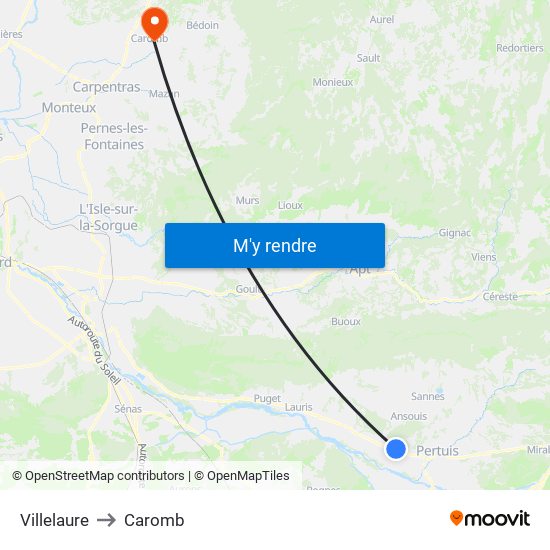 Villelaure to Caromb map