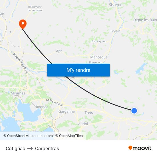 Cotignac to Carpentras map