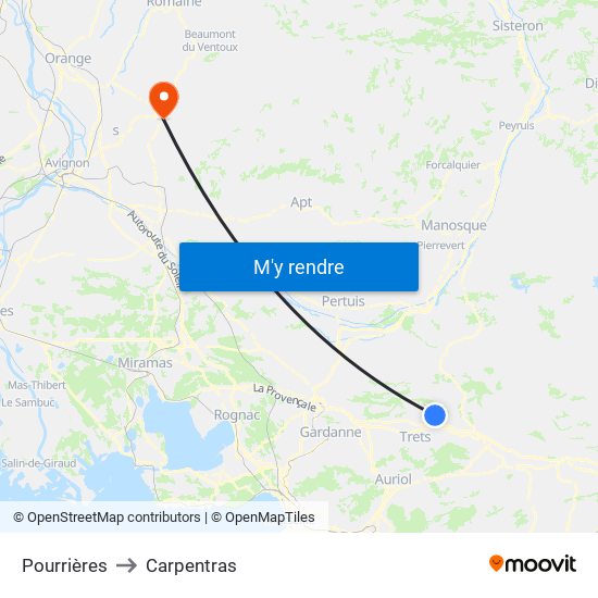 Pourrières to Carpentras map