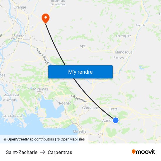 Saint-Zacharie to Carpentras map