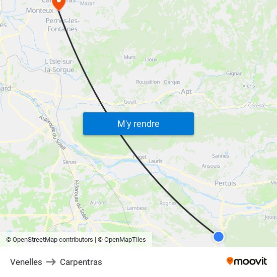 Venelles to Carpentras map