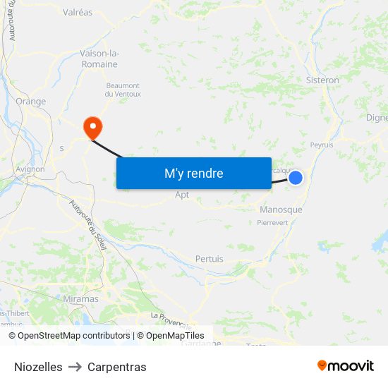 Niozelles to Carpentras map