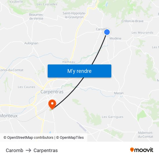 Caromb to Carpentras map