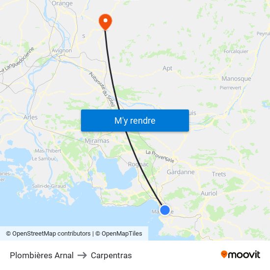 Plombières Arnal to Carpentras map