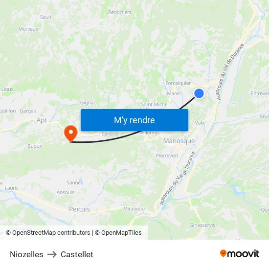 Niozelles to Castellet map