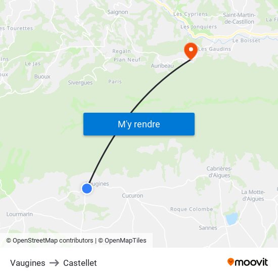 Vaugines to Castellet map