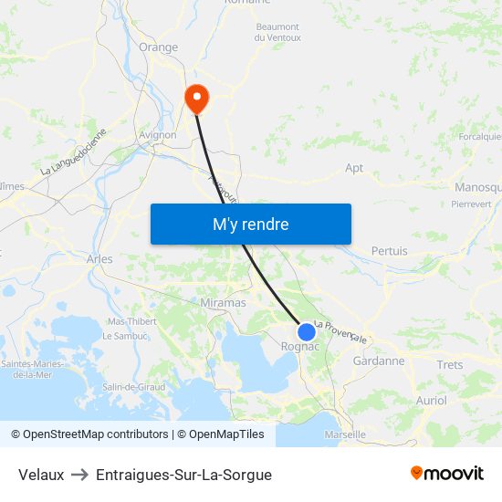 Velaux to Entraigues-Sur-La-Sorgue map