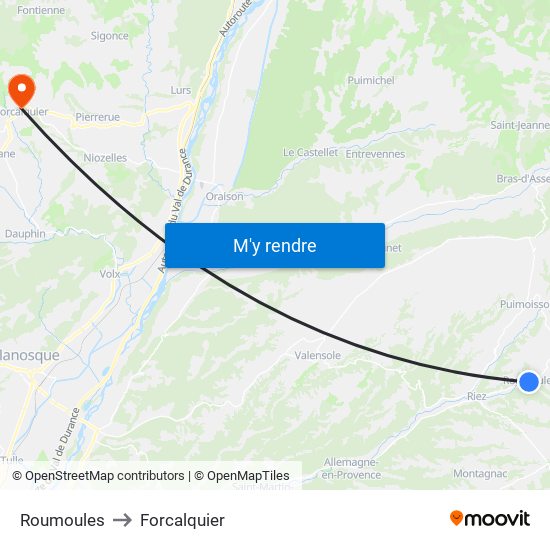 Roumoules to Forcalquier map