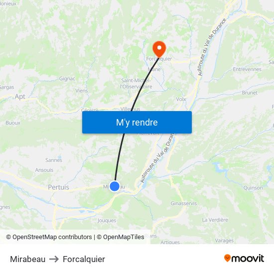 Mirabeau to Forcalquier map