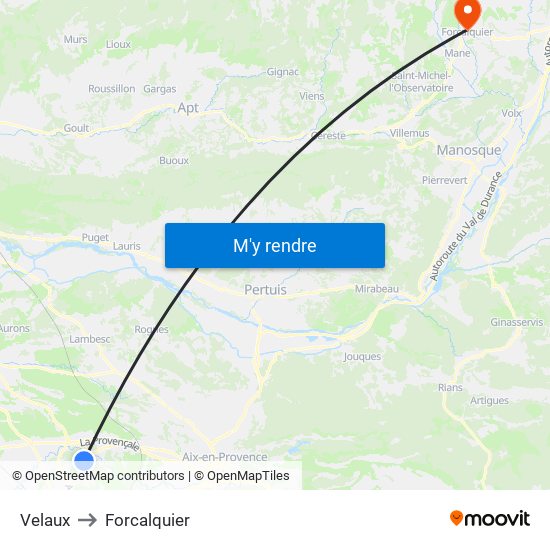 Velaux to Forcalquier map