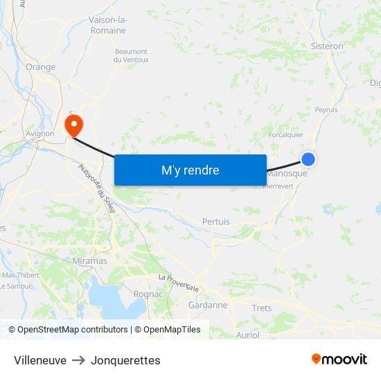 Villeneuve to Jonquerettes map