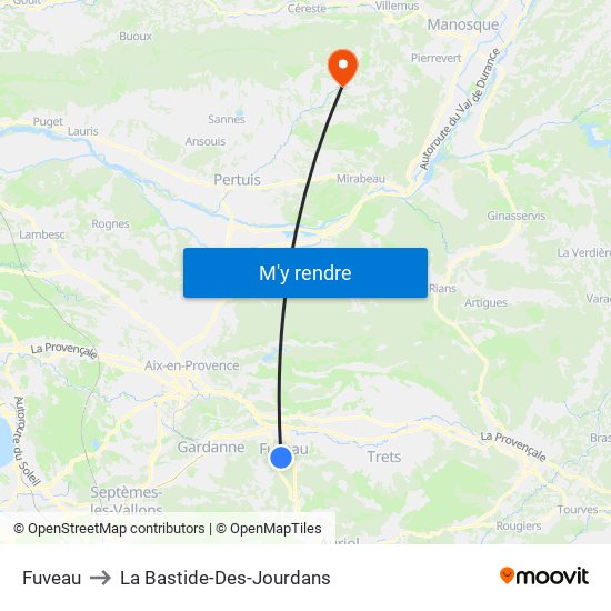 Fuveau to La Bastide-Des-Jourdans map
