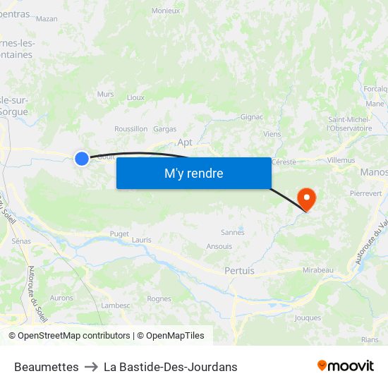 Beaumettes to La Bastide-Des-Jourdans map