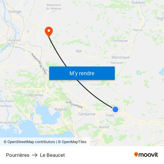 Pourrières to Le Beaucet map