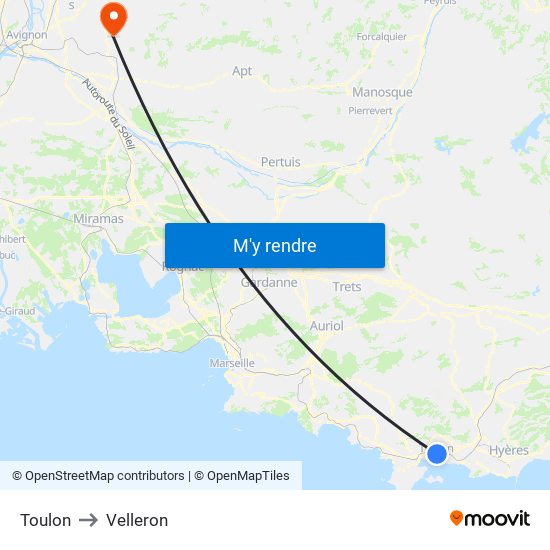 Toulon to Velleron map