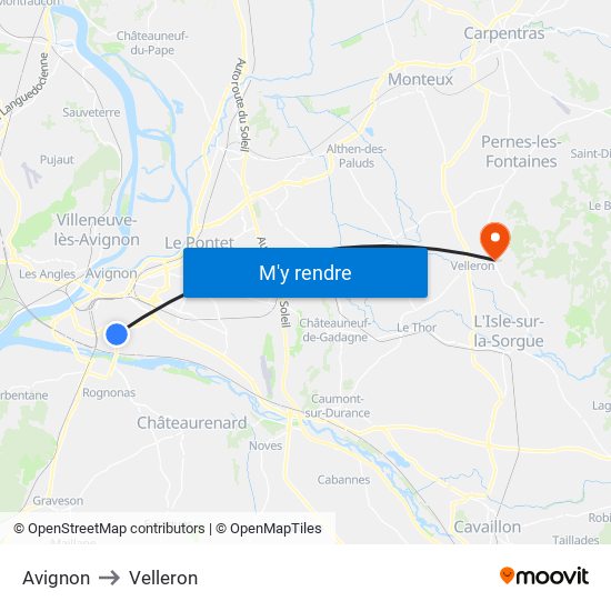 Avignon to Velleron map