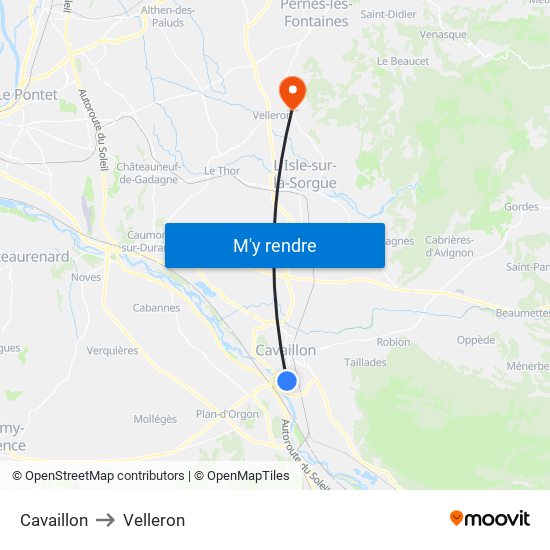 Cavaillon to Velleron map