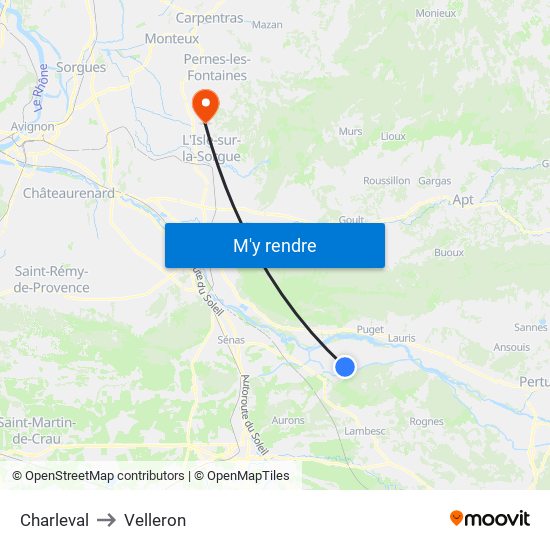 Charleval to Velleron map