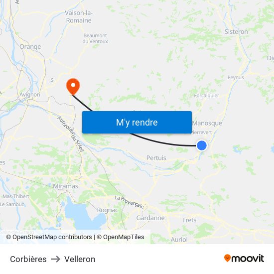 Corbières to Velleron map