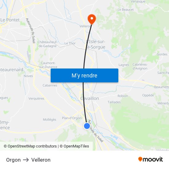 Orgon to Velleron map