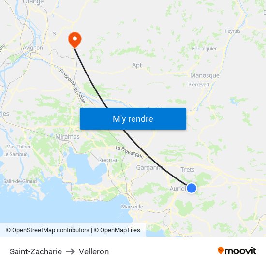 Saint-Zacharie to Velleron map