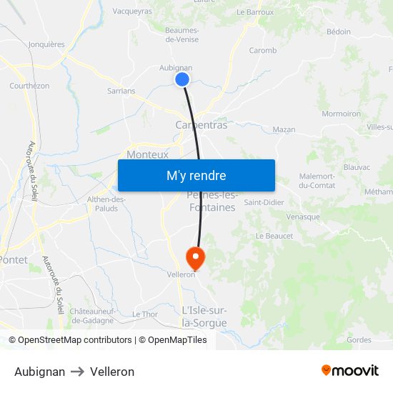 Aubignan to Velleron map