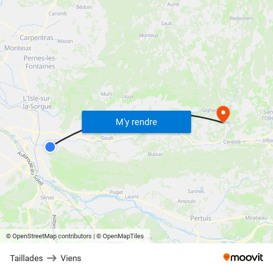 Taillades to Viens map