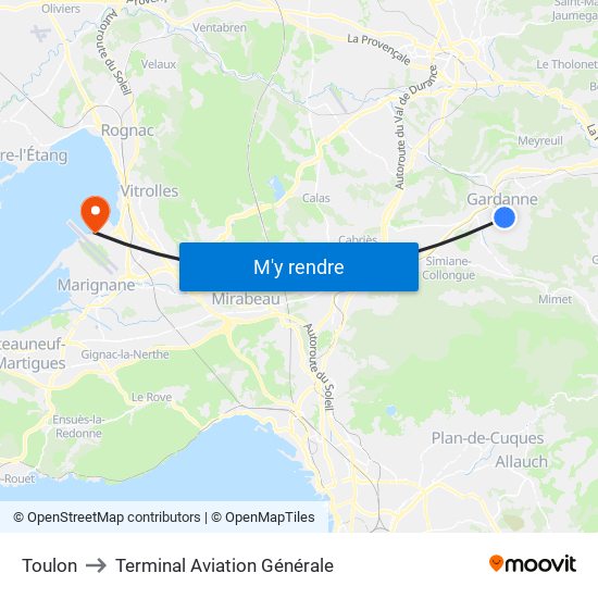 Toulon to Terminal Aviation Générale map