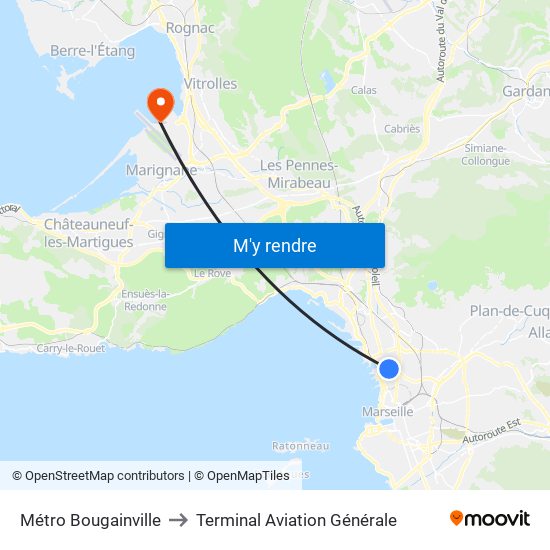 Métro Bougainville to Terminal Aviation Générale map