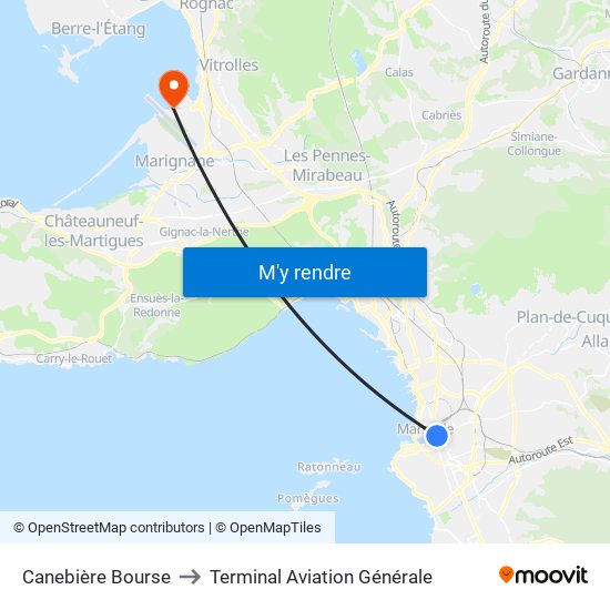 Canebière Bourse to Terminal Aviation Générale map