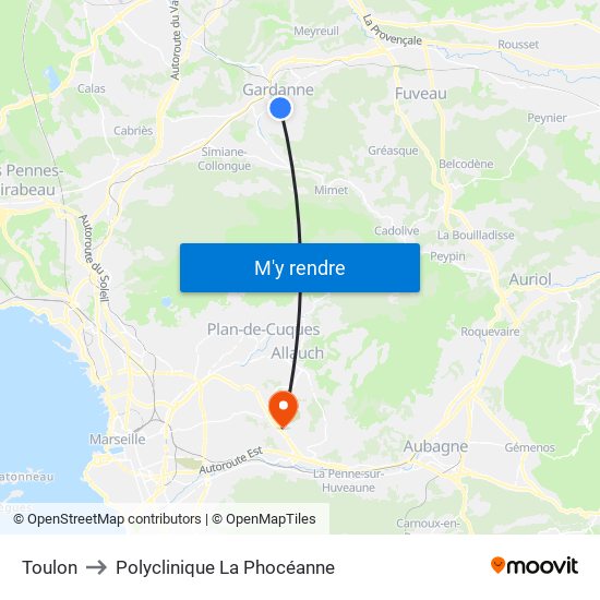 Toulon to Polyclinique La Phocéanne map