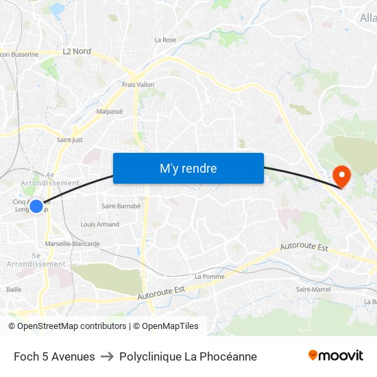 Foch 5 Avenues to Polyclinique La Phocéanne map