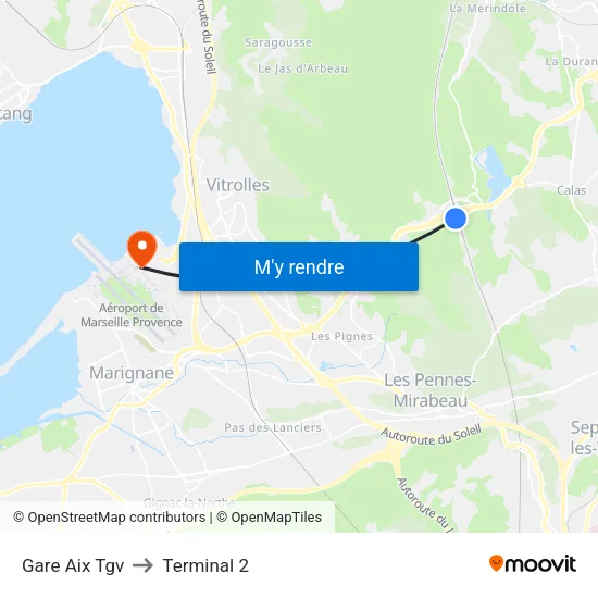 Gare Aix Tgv to Terminal 2 map