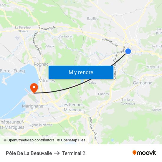 Pôle De La Beauvalle to Terminal 2 map