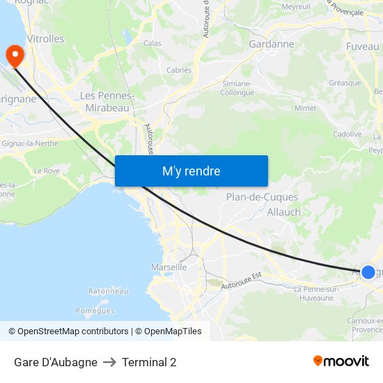 Gare D'Aubagne to Terminal 2 map