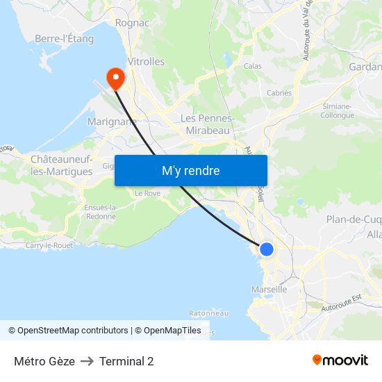 Métro Gèze to Terminal 2 map