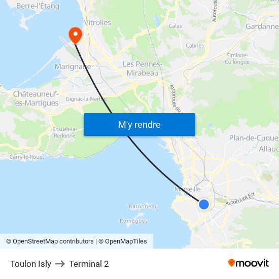 Toulon Isly to Terminal 2 map